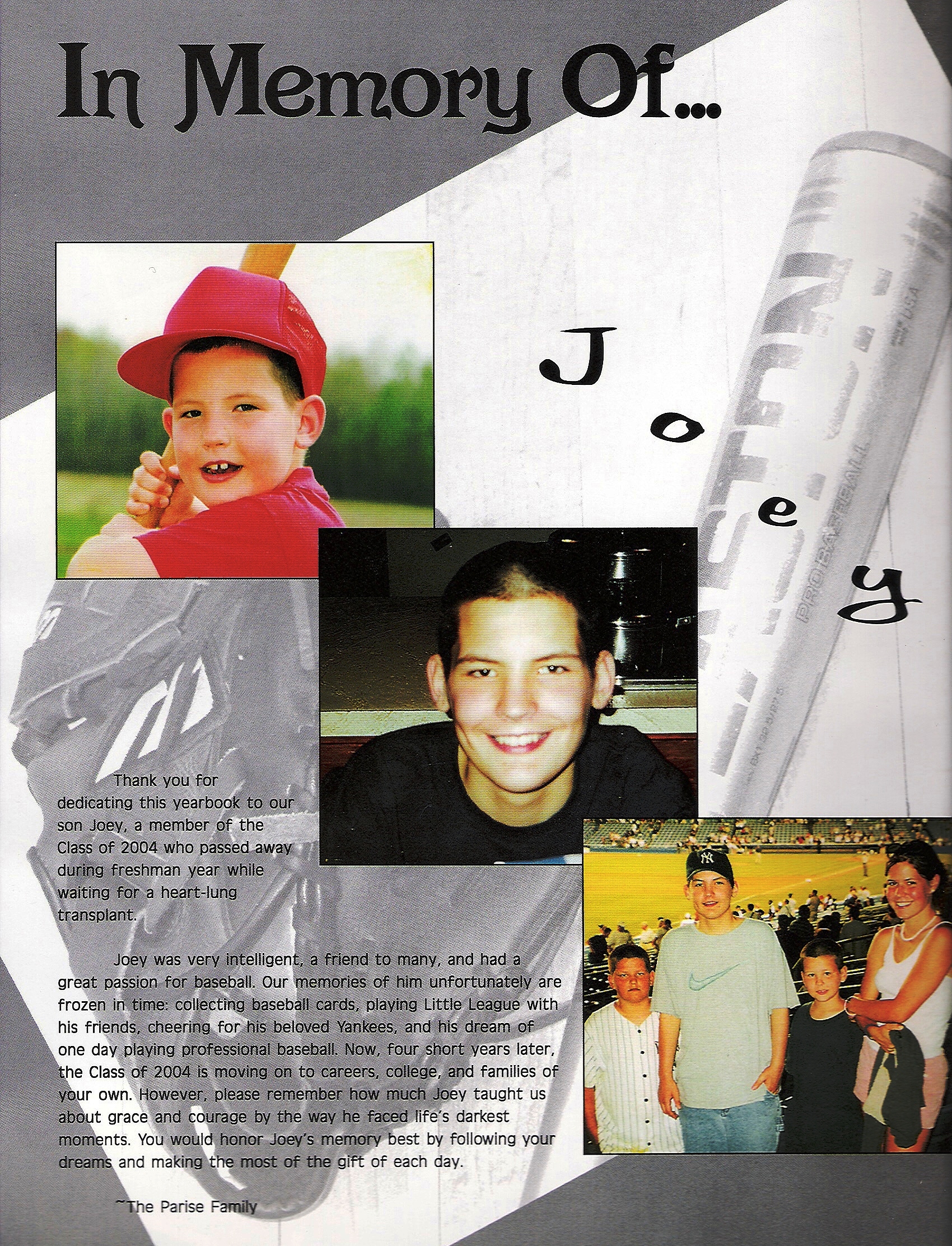 High School Yearbook in Memory of Joey